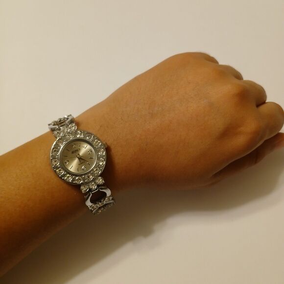 Vtg Arnex Lucien Piccard Rhinestone Silver Tone Stainless Steel Quartz Watch